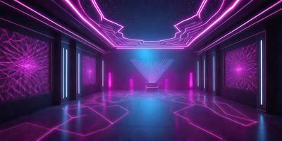 The primary subject of the image is a large, open room with a purple and pink color scheme. The room features a large, pink star on the ceiling, and there are several pink stars scattered throughout the space. The room appears to be a futuristic, artistic environment, possibly a club or a gallery. The visual style of the image is a combination of digital art and illustration, creating a unique and captivating atmosphere. The dominant colors in the image are purple and pink, which contribute to