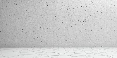 The primary subject of the image is a white wall with a pattern of small dots. The setting is a room with a white floor, and the visual style appears to be a photo. The dominant colors are white and grey, creating a clean and minimalist atmosphere.