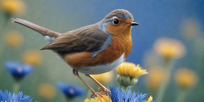 The primary subject of the image is a small bird, likely a robin, perched on a yellow flower. The bird is the focal point of the scene, and it appears to be looking at the camera. The setting is a garden, with the bird standing on a flower that is part of a larger group of flowers. The visual style of the image is a close-up of the bird on the flower, with a natural and vibrant color palette. The overall atmosphere of the image is lively and full of life,