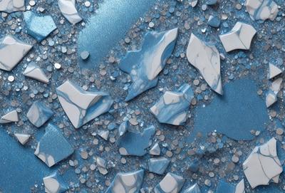 The primary subject of the image is a blue marble surface with a pattern of white and blue shards. The setting is a blue background, and the visual style appears to be a combination of a photo and digital art. The colors and mood of the image are predominantly blue, creating a calm and serene atmosphere.