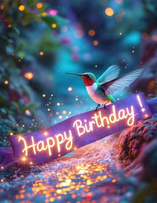 The primary subject of the image is a colorful bird, likely a hummingbird, with a purple birthday banner. The bird is perched on a branch, surrounded by a vibrant and lively environment. The setting includes a waterfall, adding to the overall atmosphere of the scene. The visual style of the image is a combination of photo and digital art, creating a unique and eye-catching presentation. The colors and mood of the image are predominantly purple and lively, reflecting the fest
