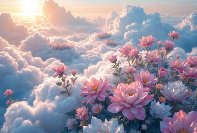 The primary subject of the image is a beautiful bouquet of pink flowers floating in a cloudy sky. The setting is a whimsical, dreamy atmosphere with clouds and sunlight creating a serene and picturesque scene. The visual style is a combination of digital art and illustration, giving the image a vibrant and lively appearance. The colors and mood are predominantly pink and soft, evoking feelings of warmth, love, and happiness.