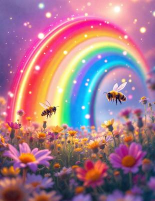 The primary subject of the image is a colorful, vibrant scene featuring two bees flying in a field of flowers. The setting is a lush, flower-filled garden with a rainbow background, creating a whimsical and cheerful atmosphere. The visual style is a combination of photo and digital art, resulting in a beautiful and captivating image. The dominant colors are pink, yellow, and purple, which contribute to the overall mood of the scene.