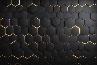 The primary subject of the image is a black and gold patterned wallpaper. The setting is a black background, and the visual style is a close-up of the pattern. The dominant colors are black and gold, creating a sophisticated and elegant atmosphere.