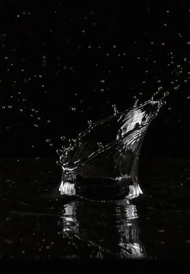 The primary subject of the image is a glass of water, which is captured in a close-up shot. The glass is filled with water, and it appears to be in motion, possibly being poured or shaken. The setting is a dark background, which contrasts with the glass of water, creating a dramatic effect. The visual style of the image is a close-up, which emphasizes the details of the glass and the water. The colors in the image are predominantly black and white, giving the scene a moody