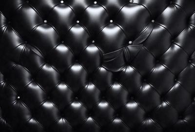 The primary subject of the image is a black leather couch. The setting is a room with a black leather couch as the main object. The visual style is a close-up of the couch, showcasing its texture and design. The colors and mood of the image are predominantly black, giving it a sleek and modern appearance.