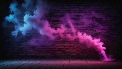 The primary subject of the image is a purple and pink smoke or fog, which is emanating from a brick wall. The setting is a brick wall, and the visual style appears to be a digital art or illustration. The dominant colors in the image are purple and pink, creating a somewhat surreal and dreamy atmosphere.