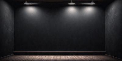 The primary subject of the image is a black wall with a wooden floor. The setting is a room with a wooden floor and a black wall. The visual style is a photo, and the colors and mood are dark and moody.