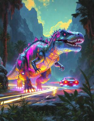 Primary subject: A large, colorful, and rainbow-colored dinosaur.

Setting/background: A road with a car driving on it.

Visual style: Digital art.

Colors and mood: The dinosaur is brightly colored, with a rainbow-like pattern, creating a vibrant and lively atmosphere.