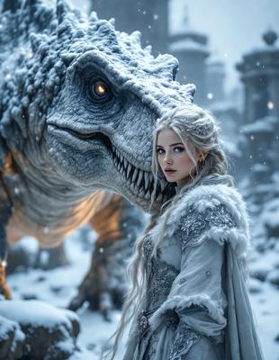 The primary subject of the image is a woman with long blonde hair, wearing a white dress, and standing next to a large gray dinosaur. The setting appears to be a snowy environment, with the woman and the dinosaur being the main focus of the scene. The visual style of the image is a combination of photo and digital art, creating a unique and captivating scene. The colors and mood of the image are predominantly white and cold, with the woman's white dress and the dinosaur