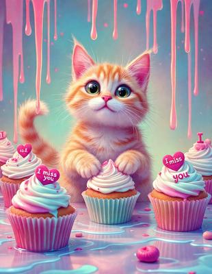 The primary subject of the image is a cute orange and white cat sitting on a table with a bunch of cupcakes in front of it. The cat appears to be holding a cupcake in its paws. The setting is a table with a pink surface, and the visual style is a digital art illustration. The colors and mood of the image are bright, cheerful, and playful, with the cat and cupcakes being the main focus.