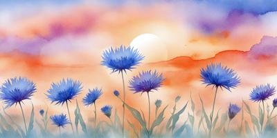 The primary subject of the image is a field of purple flowers, with a sunset in the background. The setting is a beautiful, natural environment with a cloudy sky. The visual style is a painting, which adds a sense of artistic expression and creativity to the scene. The dominant colors are purple and orange, creating a serene and calming atmosphere.