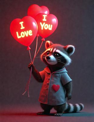 The primary subject of the image is a stuffed animal, specifically a stuffed raccoon, holding two red heart-shaped balloons. The setting is a dark room, and the visual style appears to be a digital art or illustration. The colors and mood of the image are predominantly dark, with the red hearts adding a pop of color.