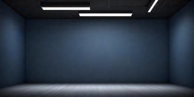 The primary subject of the image is a large, empty room with a blue wall. The setting is a dark room with a blue wall, and the visual style is a photo. The colors and mood of the image are predominantly dark and moody, with the blue wall serving as a focal point.