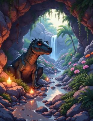 The primary subject of the image is a dinosaur, specifically a T-Rex, sitting in a cave. The setting is a lush, green environment with a waterfall in the background. The visual style is a digital art illustration, creating a vibrant and detailed scene. The colors and mood are lively and serene, with the T-Rex appearing to be at ease in its natural habitat.