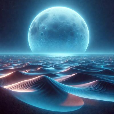 The primary subject of the image is a large, glowing moon, which is the main focus of the scene. The moon is floating in a dark, blue sky, creating a dramatic and moody atmosphere. The setting appears to be a nighttime landscape, with the moon as the main subject. The visual style of the image is a combination of digital art and illustration, giving it a unique and artistic appearance. The colors and mood of the image are predominantly dark and mysterious, with the glowing moon