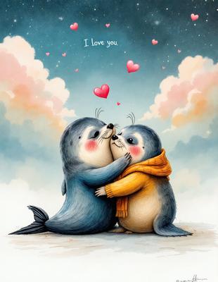 The image features two cute, colorful cartoon seals hugging each other. They are positioned in a snowy environment, with a cloudy sky visible in the background. The seals are depicted in a digital art style, giving the scene a playful and warm atmosphere.