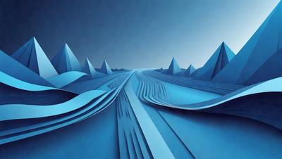 The primary subject of the image is a blue road or highway, which is the main focus of the scene. The setting is a blue sky, and the visual style appears to be a digital art or illustration. The colors and mood of the image are predominantly blue, creating a calm and serene atmosphere.