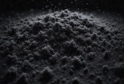 The primary subject of the image is a large pile of black powder, which appears to be a fine, granular substance. The setting is a dark room, and the visual style is a close-up of the powder, showcasing its texture and appearance. The colors in the image are predominantly black, giving the scene a moody and dramatic atmosphere.