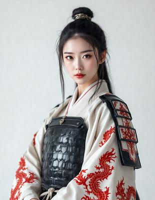 The primary subject of the image is a woman wearing a traditional Asian outfit, which includes a black and red kimono. She is posing for the camera, showcasing her attire. The setting is a white background, which provides a clean and minimalist look to the photo. The visual style is a high-quality, professional portrait, capturing the woman's beauty and elegance. The colors and mood of the image are predominantly black and red, creating a bold and striking appearance.