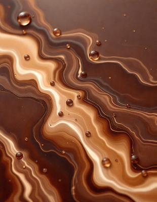 The primary subject of the image is a close-up of a chocolate-covered surface, possibly a cake or a piece of chocolate art. The setting is a dark background, which contrasts with the rich brown color of the chocolate. The visual style appears to be a close-up of a textured surface, possibly a pattern or a texture, with the chocolate dripping off the edges. The colors and mood of the image are predominantly dark and moody, with the choc
