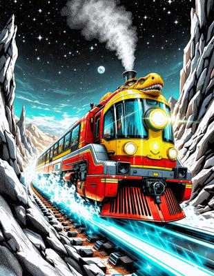 The primary subject of the image is a train traveling on a track. The train is red and yellow, and it appears to be a cartoon or comic-style illustration. The setting is a mountainous area, with a backdrop of mountains and a sky filled with stars. The visual style is a combination of digital art and illustration, creating a vibrant and dynamic scene. The colors and mood of the image are lively and energetic, with the red and yellow train standing out against the darker t