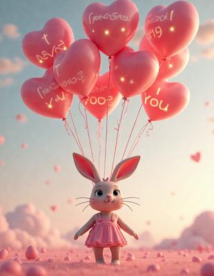 The primary subject of the image is a bunny figurine, which is dressed in a pink dress and surrounded by pink hearts. The setting is a cloudy sky, and the visual style appears to be a digital art or illustration. The dominant colors in the image are pink and white, creating a warm and cheerful atmosphere.