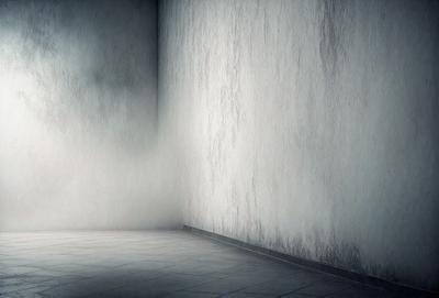 The primary subject of the image is a white wall with a peeling paint texture. The setting is a hallway with a peeling paint wall on one side. The visual style is a black and white photo, which adds a sense of nostalgia and emphasizes the peeling paint texture. The colors and mood of the image are predominantly dark and moody, with the peeling paint wall serving as a focal point.