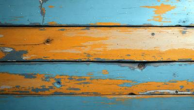 The primary subject of the image is a wooden plank with a blue and orange color scheme. The setting is a wooden surface, possibly a table or a wall. The visual style is a close-up of the wooden plank, showcasing its texture and color. The dominant colors are blue and orange, creating a vibrant and lively atmosphere.
