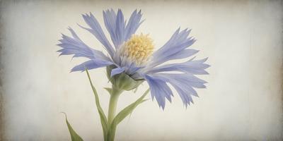 The primary subject of the image is a blue flower with a yellow center, which is the main focus of the image. The setting is a white background, which provides a clean and minimalistic look. The visual style is a digital art, as the flower is depicted in a detailed and realistic manner. The dominant colors in the image are blue and yellow, creating a sense of freshness and vibrancy.