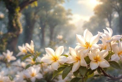 Primary subject: White flowers in a field.

Setting/background: A field with trees in the background.

Visual style: Digital art.

Colors and mood: The flowers are white, and the overall atmosphere is serene and peaceful.