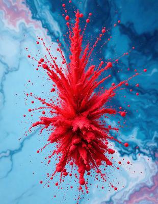 The primary subject of the image is a red, pink, and white splash of paint, which appears to be a close-up of a paint splatter. The setting is a blue background, which contrasts with the vibrant colors of the paint splash. The visual style is a close-up of the paint splash, showcasing the details of the paint droplets. The colors and mood of the image are energetic and lively, with the red and pink hues creating a sense of