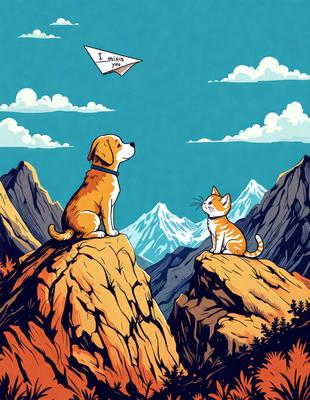 The primary subject of the image is a dog and a cat sitting on a hillside, looking at each other. The setting is a mountainous landscape, with a blue sky visible in the background. The visual style is a combination of digital art and illustration, creating a whimsical and playful atmosphere. The dominant colors are blue, orange, and yellow, which contribute to the overall mood of the scene.