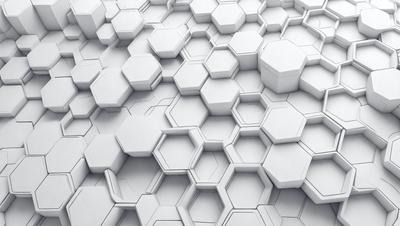 The primary subject of the image is a white wall with a pattern of hexagonal shapes. The setting is a white room, and the visual style appears to be a combination of digital art and illustration. The dominant colors are white and gray, creating a clean and minimalist atmosphere.