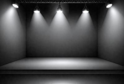 The primary subject of the image is a large, empty room with a black background. The room is illuminated by three spotlights, which are positioned at the top of the room. The setting is a dark room with no other objects or people visible. The visual style is a black and white photo, giving the image a classic and dramatic appearance. The colors and mood of the image are predominantly dark, with the spotlights providing a contrasting element of light.