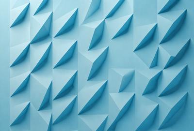The primary subject of the image is a blue wall with a pattern of triangles. The setting is a room with a blue wall, and the visual style is a patterned wallpaper. The dominant colors are blue and white, creating a calm and soothing atmosphere.