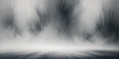 The primary subject of the image is a large, dark, and stormy sky. The setting is a foggy, cloudy environment, with a sense of mystery and intensity. The visual style is a black and white photo, which adds to the dramatic atmosphere. The dominant colors are shades of gray, black, and white, creating a moody and dramatic mood.
