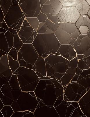 The primary subject of the image is a close-up of a wall with a pattern of hexagons. The setting is a room with a dark background, and the visual style appears to be a combination of a photo and a digital art or illustration. The dominant colors are black and gold, creating a rich and textured atmosphere.