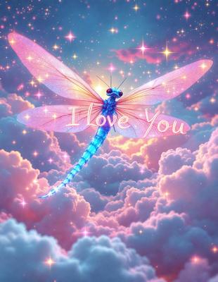 The primary subject of the image is a dragonfly, which is a large, colorful insect with a long tail. The dragonfly is flying through a pink and blue cloudy sky, creating a whimsical and dreamy atmosphere. The setting is a cloudy sky, which serves as a beautiful backdrop for the dragonfly's flight. The visual style of the image is a combination of photo and digital art, creating a unique and captivating scene. The colors and mood of the image are predomin