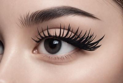 The primary subject of the image is a woman's eye, with a close-up view of the eyelashes and the surrounding area. The setting is a room, and the visual style is a photo. The colors in the image are predominantly shades of brown and black, creating a warm and natural atmosphere.