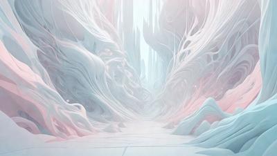 The primary subject of the image is a white, pink, and blue tunnel-like structure with a curved, wavy design. The tunnel appears to be made of a combination of these three colors, creating a visually striking and unique appearance. The setting is a futuristic, abstract environment, with the tunnel as the main focal point. The visual style of the image is a blend of digital art and illustration, showcasing the artist's creativity and skill in crafting this intricate and captivating