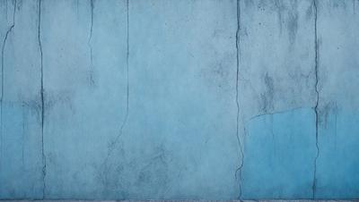 The primary subject of the image is a blue wall with a cracked and chipped appearance. The setting is a room with a blue wall, and the visual style is a photo. The dominant colors are blue and grey, creating a moody atmosphere.