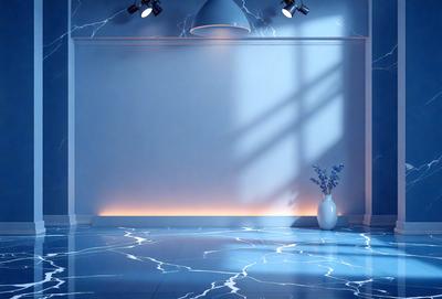 The primary subject of the image is a vase with blue flowers, placed on a blue marble floor. The setting is a room with a blue wall and a window. The visual style is a photo, and the colors and mood are predominantly blue, creating a calm and serene atmosphere.