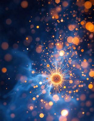 Primary subject: A bright, colorful, and swirling light source.

Setting/background: A dark, starry sky.

Visual style: Digital art.

Colors and mood: The colors are vibrant and energetic, creating a lively and dynamic atmosphere.