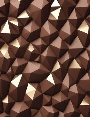 The primary subject of the image is a large, intricate pattern made up of many small triangles. The pattern is composed of various shades of brown, giving it a warm and earthy appearance. The setting is a wall, and the visual style is a combination of digital art and illustration. The colors and mood of the image are rich and textured, creating a visually appealing and engaging pattern.