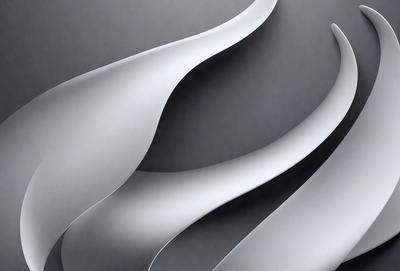 The primary subject of the image is a series of curved, white, and gray shapes, which appear to be made of metal or a similar material. The shapes are arranged in a visually appealing manner, creating an artistic and modern appearance. The setting is a gray background, which provides a clean and minimalist backdrop for the shapes. The visual style of the image is a combination of photo and digital art, as the shapes are intricately crafted and the overall composition is well-balanced and aesthetically ple
