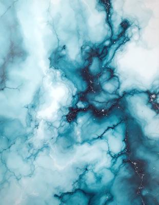 The primary subject of the image is a blue and white marbled surface, which appears to be a piece of marble or a marbled wall. The setting is a room with a blue and white marbled wall, and the visual style is a close-up of the marbled surface. The colors and mood of the image are predominantly blue and white, creating a calm and serene atmosphere.