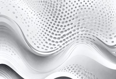 The primary subject of the image is a white, textured surface with a pattern of holes. The setting is a white room, and the visual style appears to be a combination of digital art and illustration. The dominant colors are white and grey, creating a clean and minimalist atmosphere.