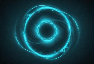 The primary subject of the image is a blue circle with a hole in the center. The circle is surrounded by a blue spiral, giving the impression of a swirling vortex. The setting is a dark background, which contrasts with the bright blue color of the circle and spiral. The visual style is a combination of digital art and illustration, creating a unique and captivating design. The colors and mood of the image are predominantly blue, giving it a calm and serene atmosphere.