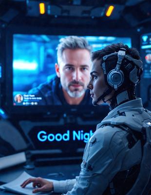 The primary subject of the image is a man wearing a futuristic helmet and headphones, standing in front of a wall with a large screen. The setting appears to be a futuristic environment, possibly a control room or a space station. The visual style of the image is a combination of photo and digital art, creating a realistic yet futuristic atmosphere. The colors and mood of the image are predominantly dark and moody, with the man's headphones and helmet adding a touch of